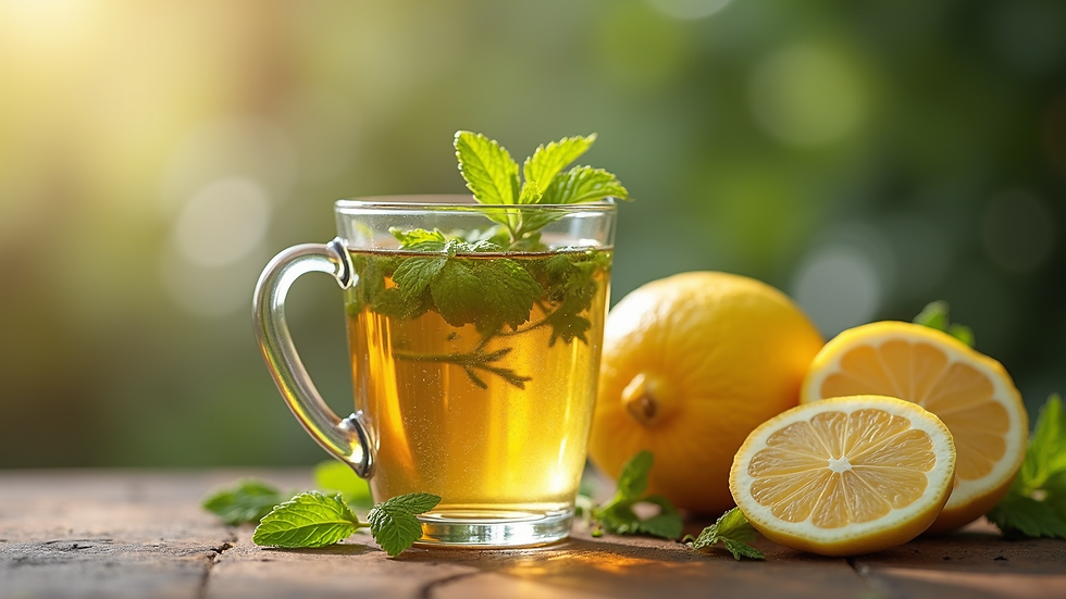 Close-up view of a refreshing herbal tea with lemon and mint