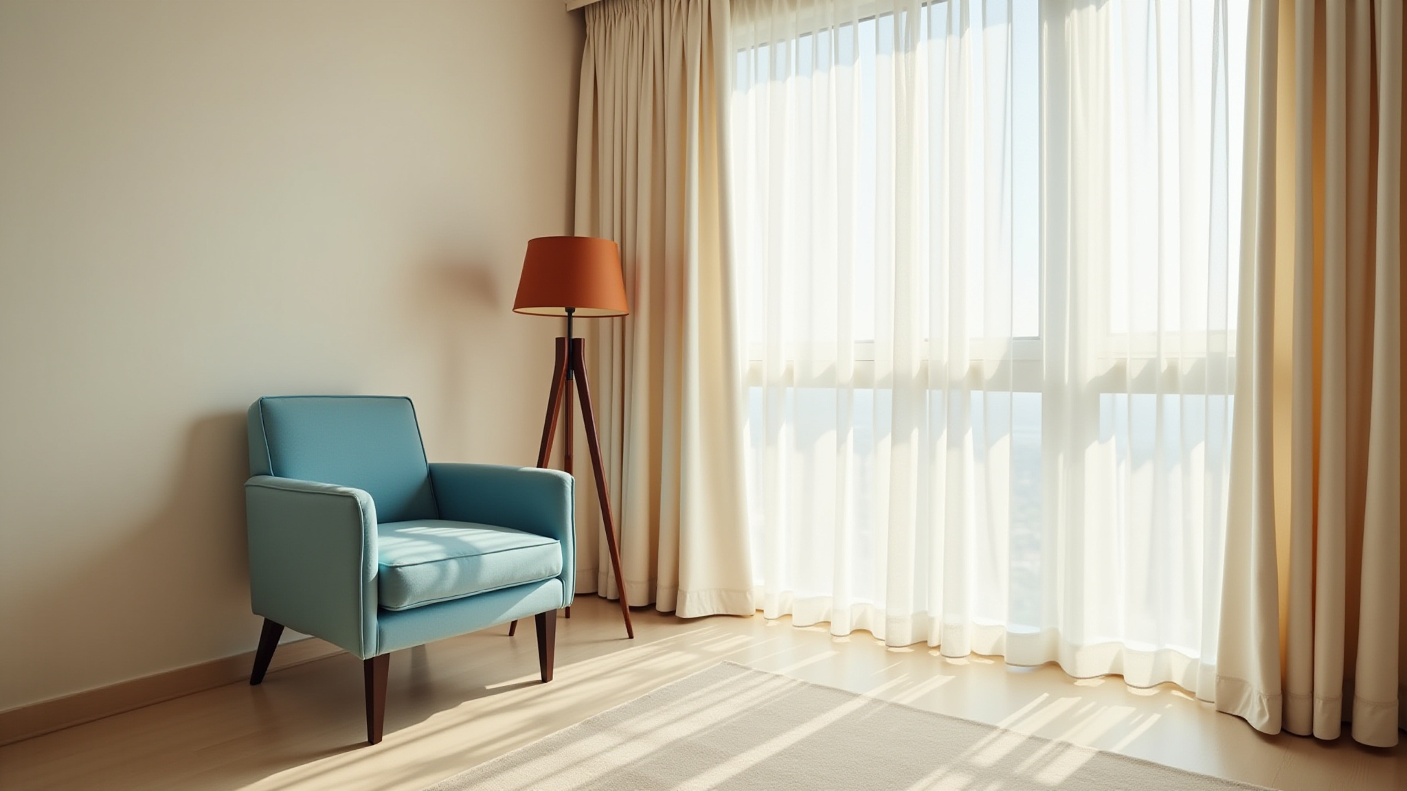 Foto stoel met gordijnen: "Rustige ruimte voor coaching – warme en vertrouwde setting"