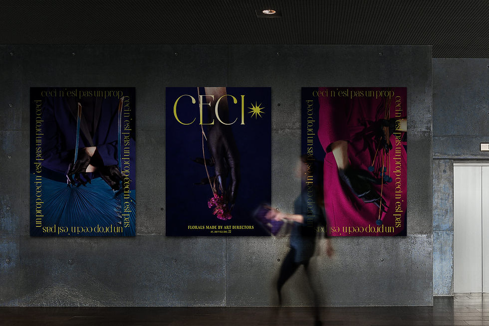 Anúncio publicitário exibindo arranjo floral sofisticado em cenário elegante, reforçando a identidade premium da marca criada