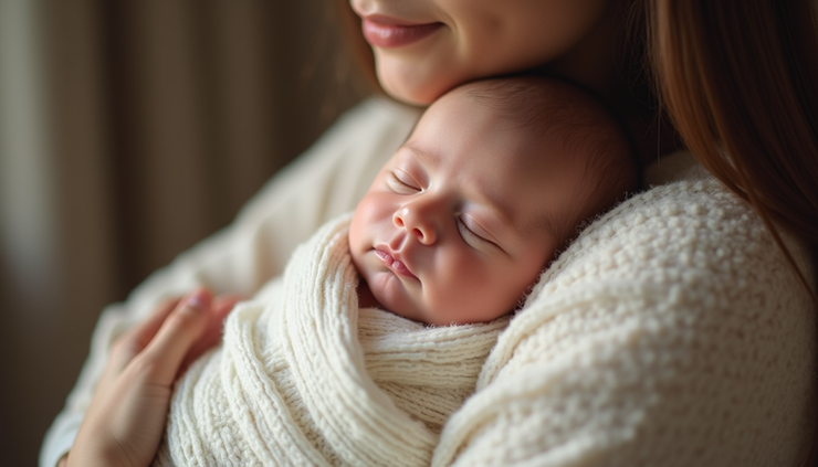 Close-up view of a mother gently holding her newborn wrapped in a soft blanket
