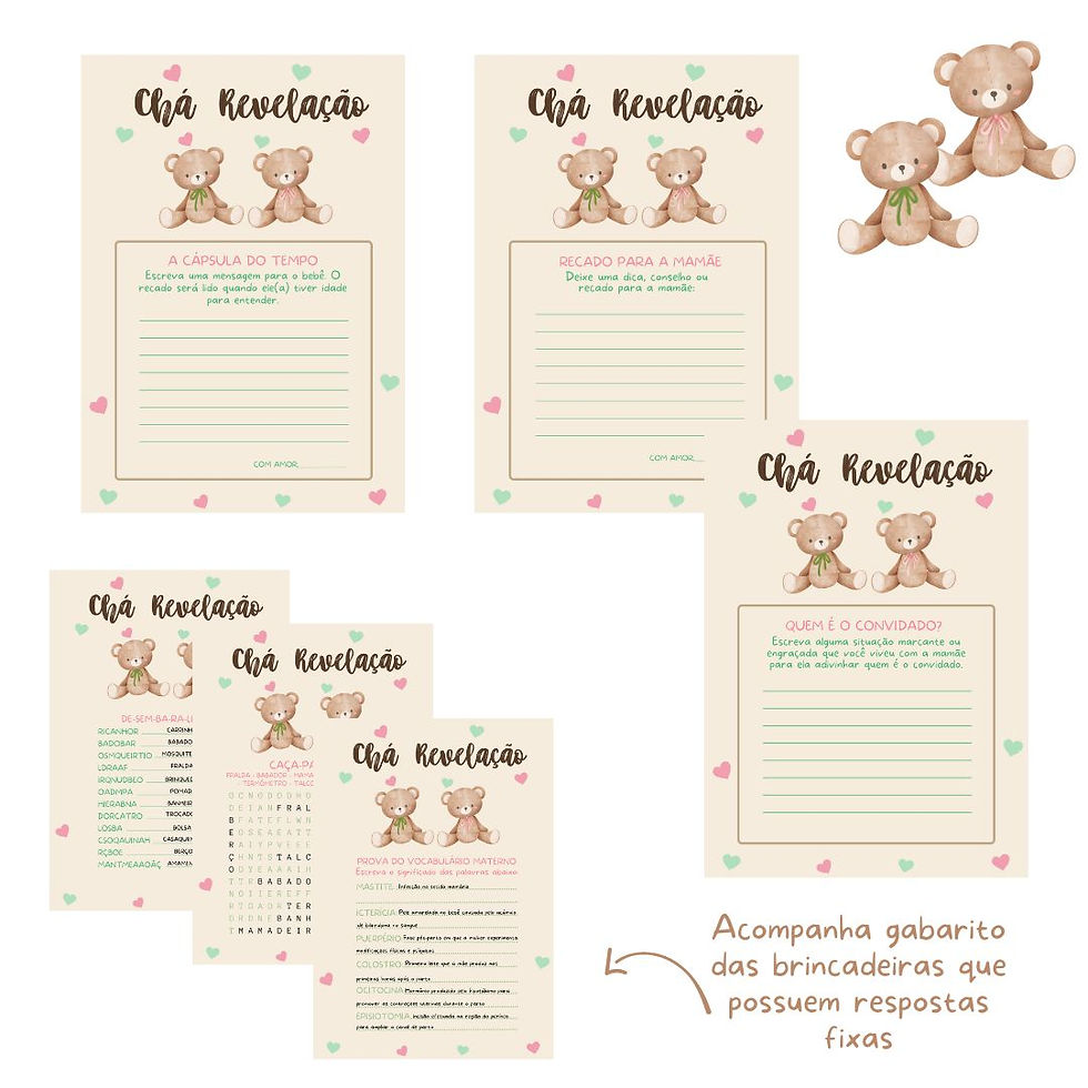 Miniatura: Kit brincadeiras Chá de bebê Revelação Ursinho e Ursinha (verde e rosa)