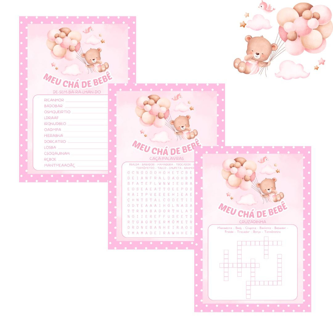 Kit brincadeiras Chá de bebê Ursinha Cute - rosa poá (PDF)