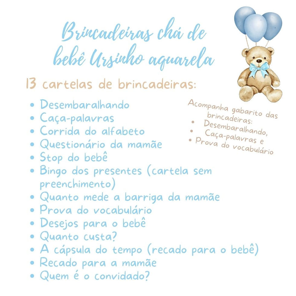 Miniatura: Kit brincadeiras Chá de Bebê Ursinho aquarela (azul) (PDF)