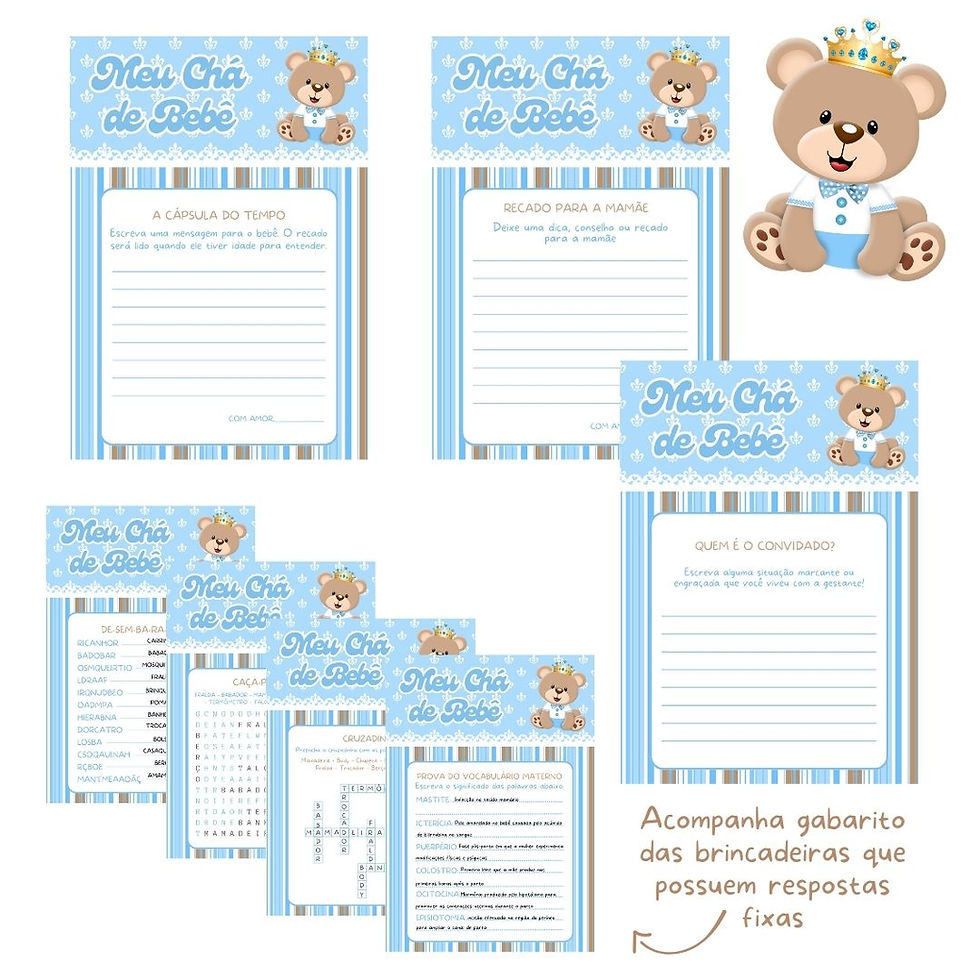 Miniatura: Kit brincadeiras Chá de Bebê Ursinho Príncipe (azul claro)  - PDF