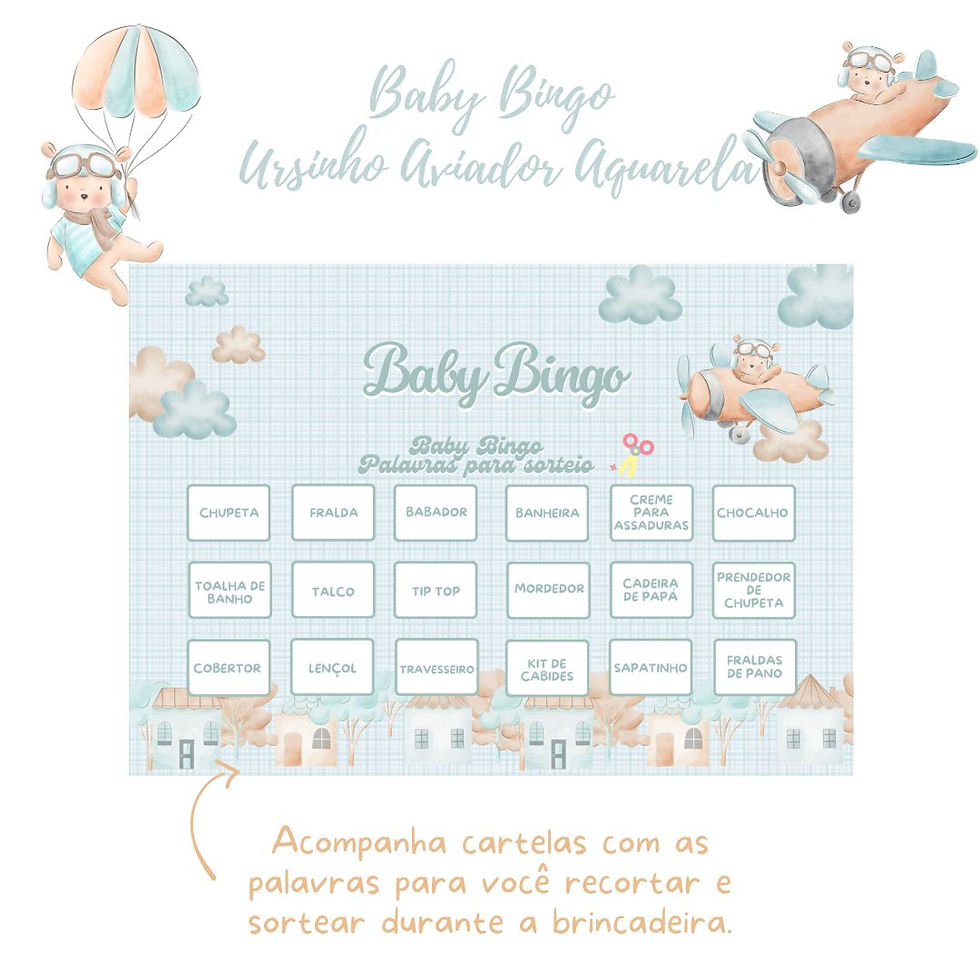 Miniatura: Baby Bingo Ursinho Aviador Aquarela - 100 cartelas