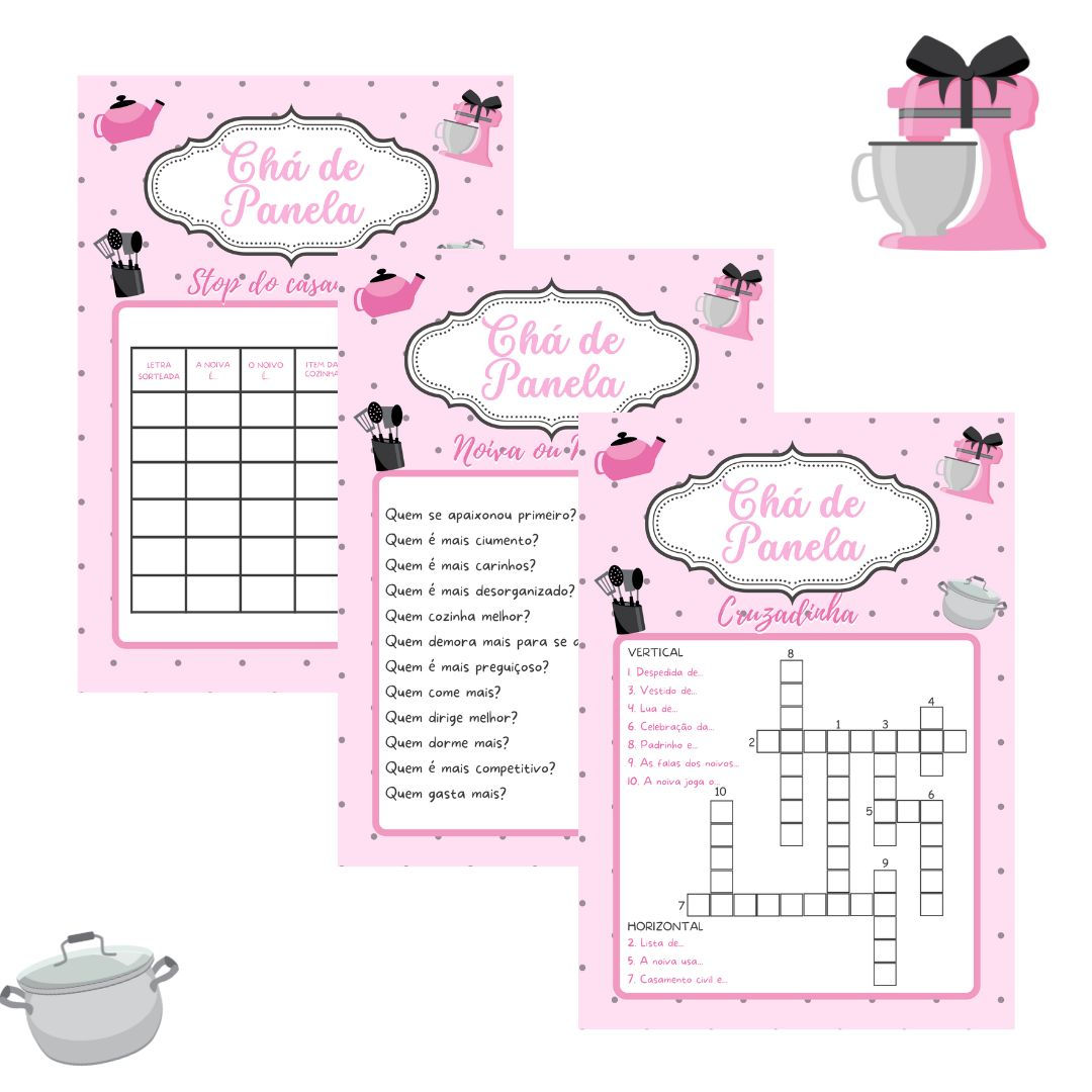 Kit de brincadeiras Chá de Panela - Rosa/cinza (PDF)