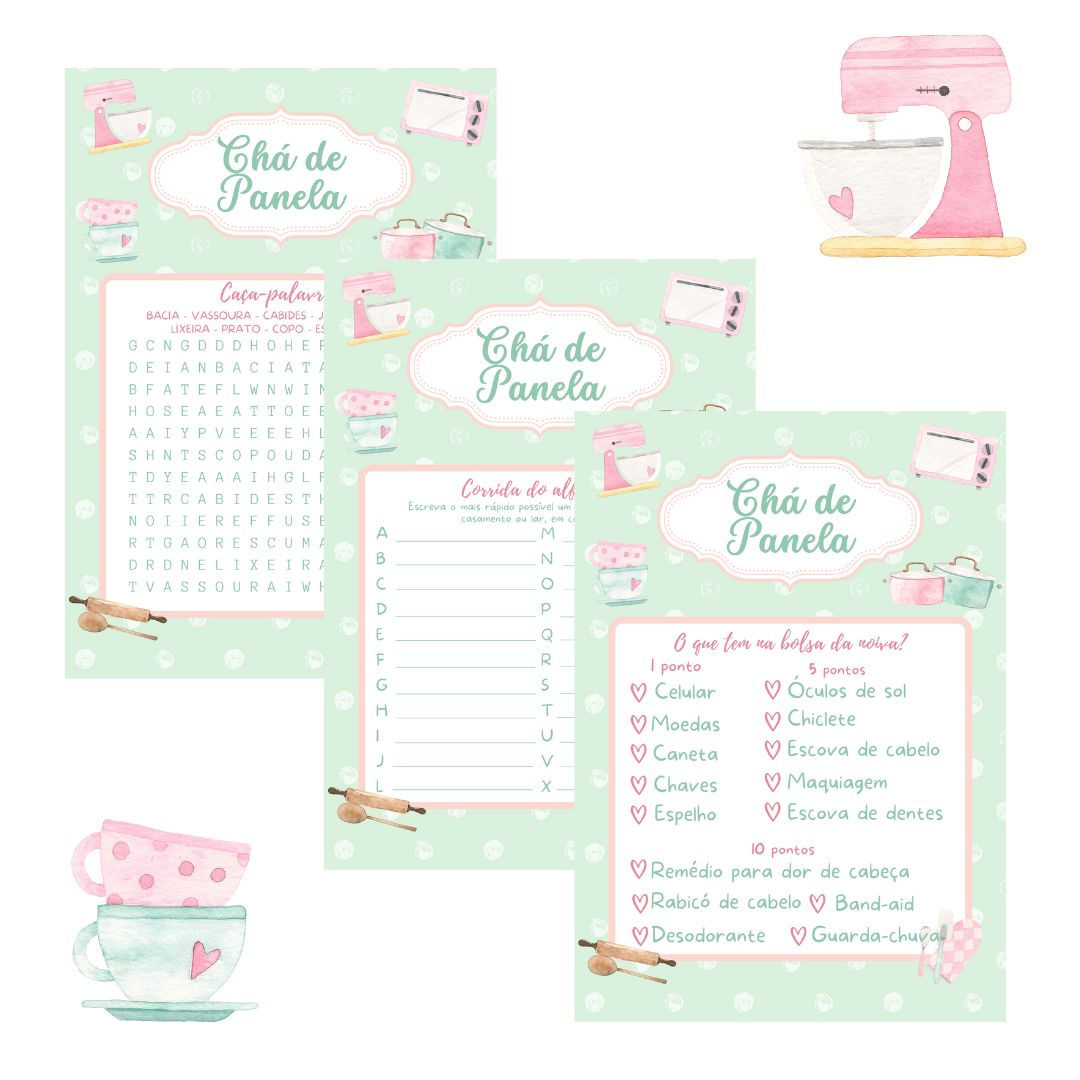 Kit de brincadeiras Chá de Panela - Verde/rosa (PDF)