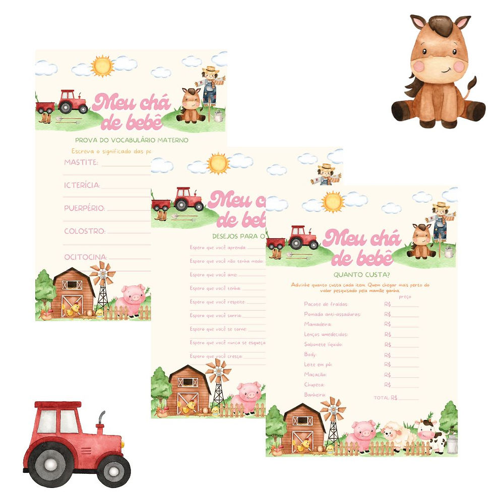 Kit brincadeiras Chá de Bebê Fazendinha (rosa) PDF