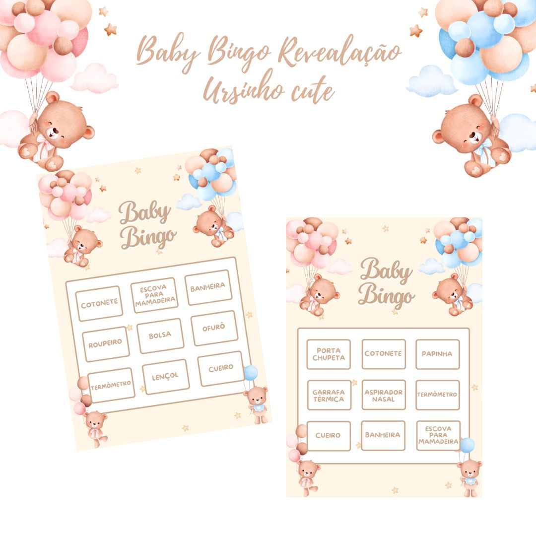 Baby Bingo Chá Revelação Ursinhos Cute - 100 cartelas