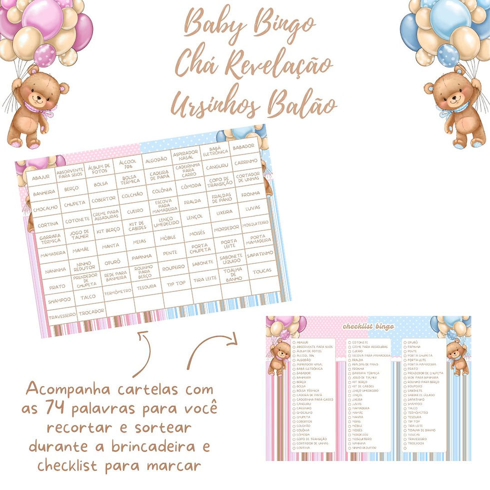 Miniatura: Baby Bingo Chá Revelação Ursinhos Balão - azul e rosa (100 cartelas) - PDF