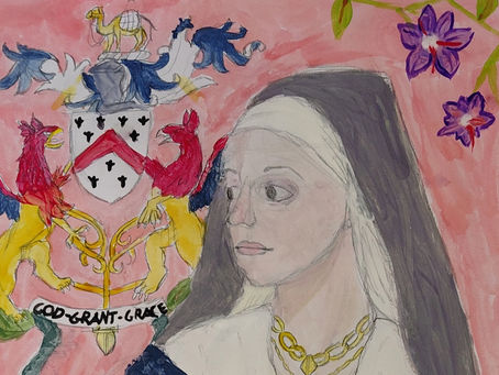 Portrait of Annabell Furner by Mia, aged 9, St Mary's RC Primary School. Watercolour of a medieval woman in a dark blue gown and white wimple writing in a ledger, with the Grocers' Company crest, saffron and purple crocus flowers.