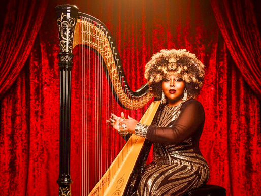 NaTasha Rogers playing the harp in fine evening wear