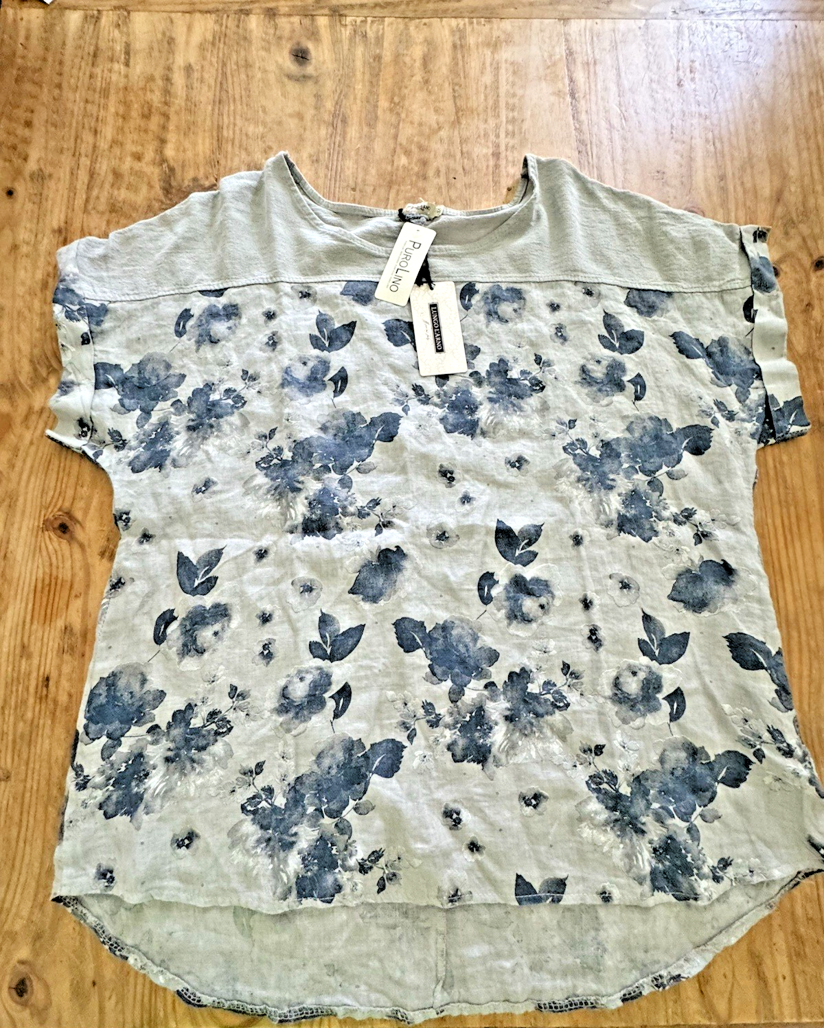 NWT Lungo Larno Made in Italy Gray Navy Linen Cotton Cap Sleeve Top Shirt Sz 1X