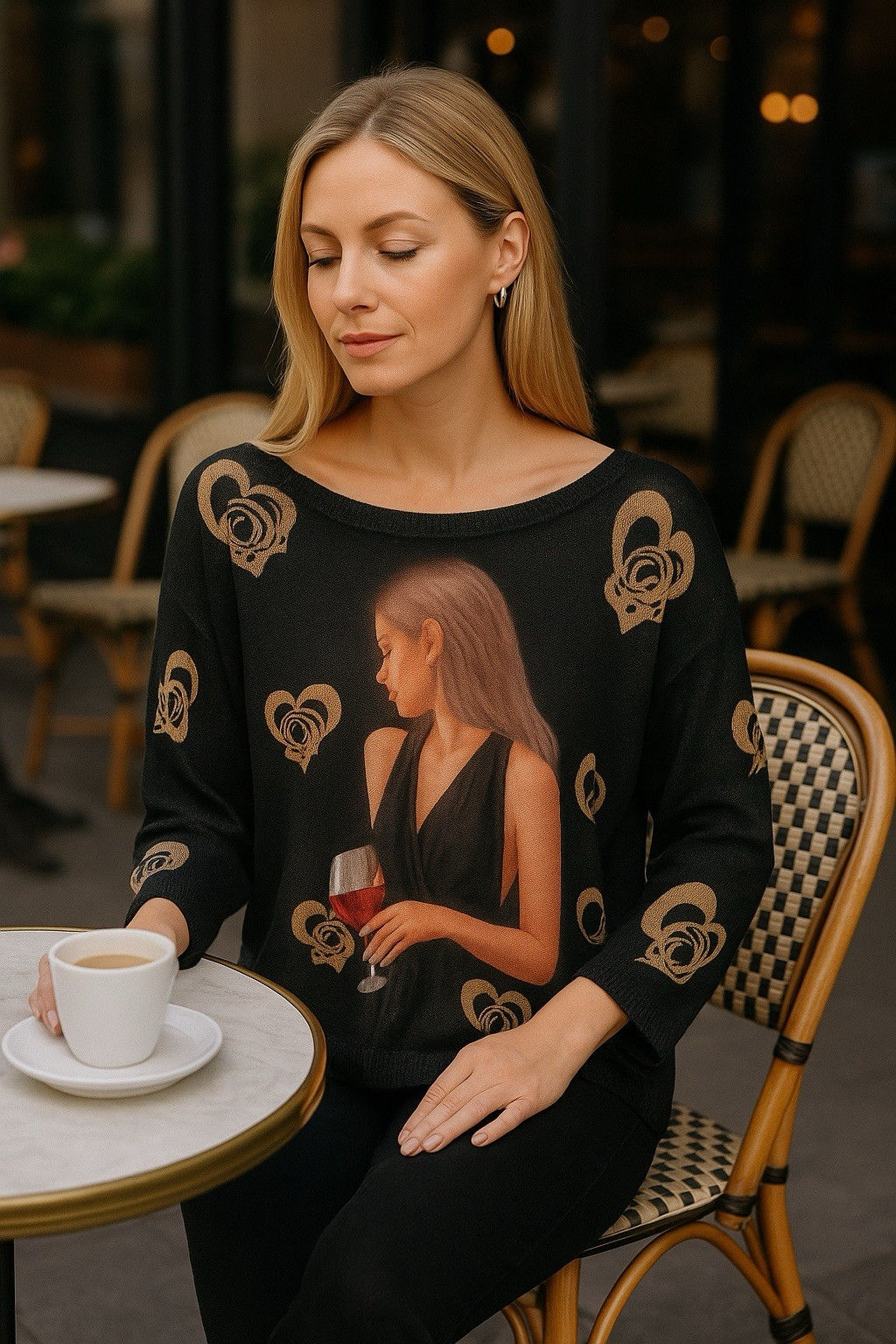 Brand Bazar Knit Sweater Women's One Sz Black Graphic Wine Glass Print Boho Top