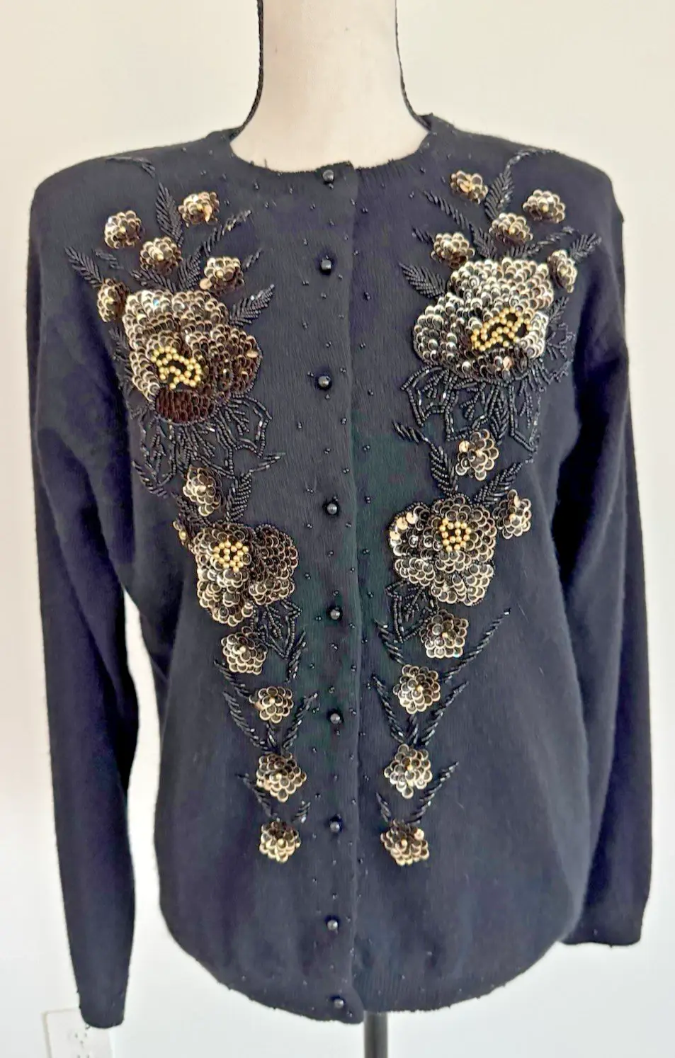 VTG ViVien Forest Black Beaded Lambswool Lined Cardigan Sweater Retro 1950s