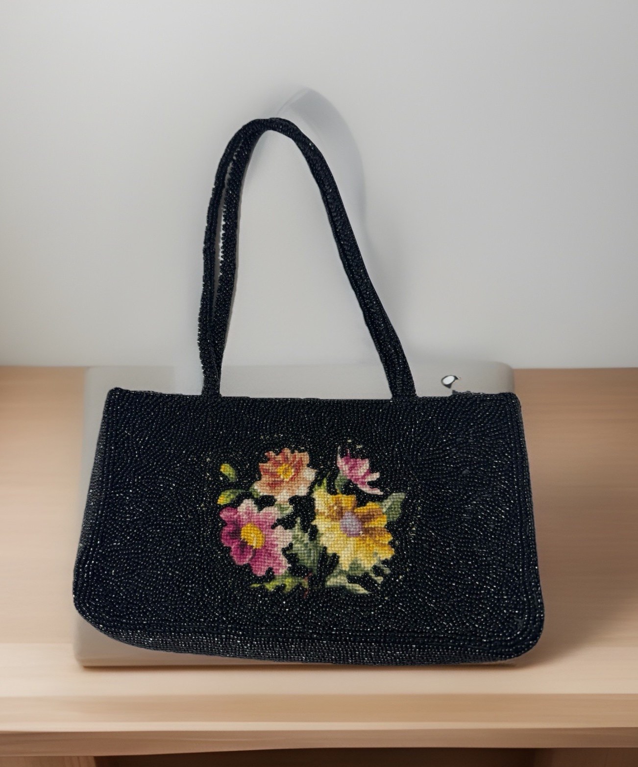 Vintage SWEE LO New York Black Beaded Floral Handbag Mid-Century Evening Purse