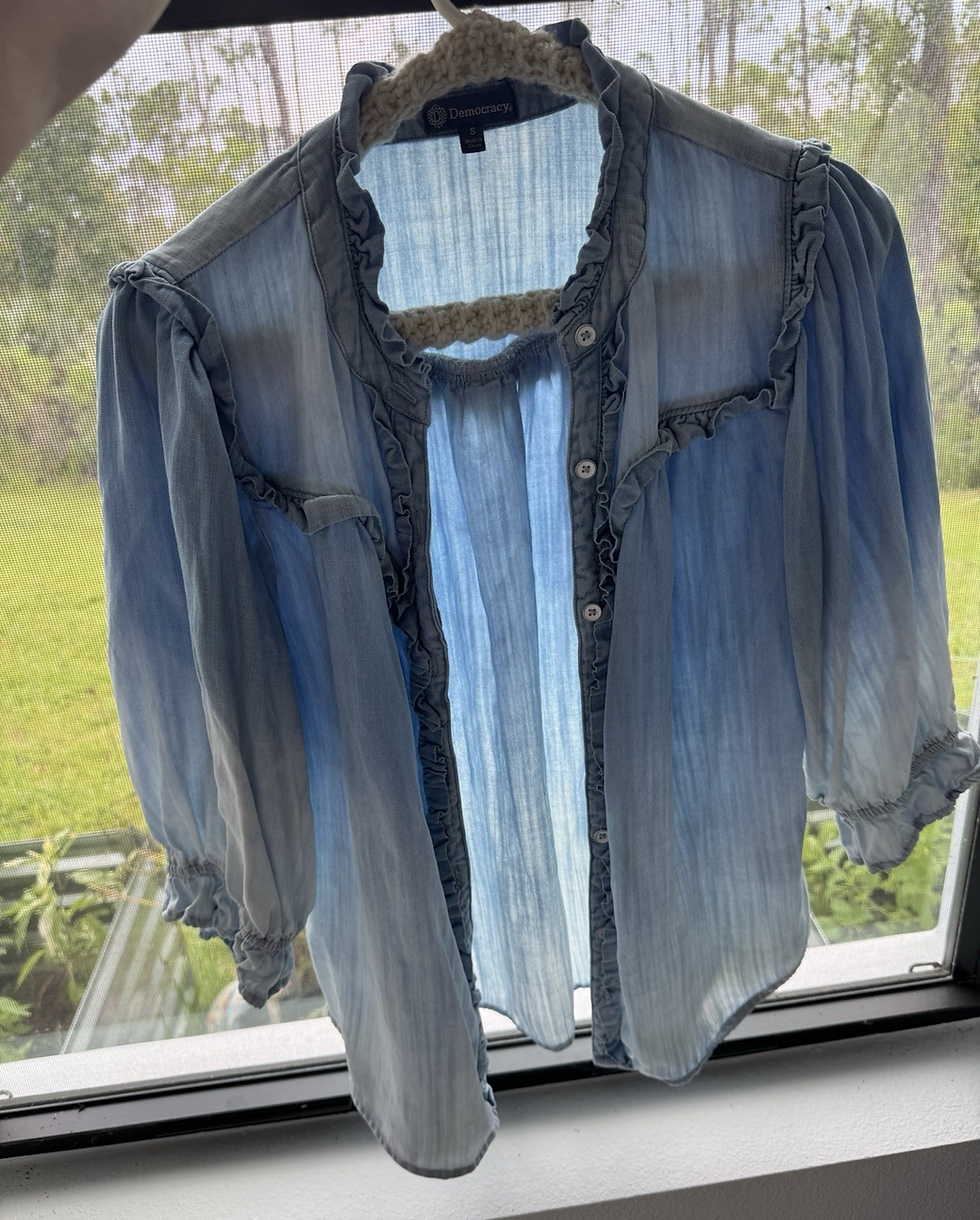 Thumbnail: Democracy Ruffled Lantern Sleeve Button-Down Top Light Powder Blue Sz S