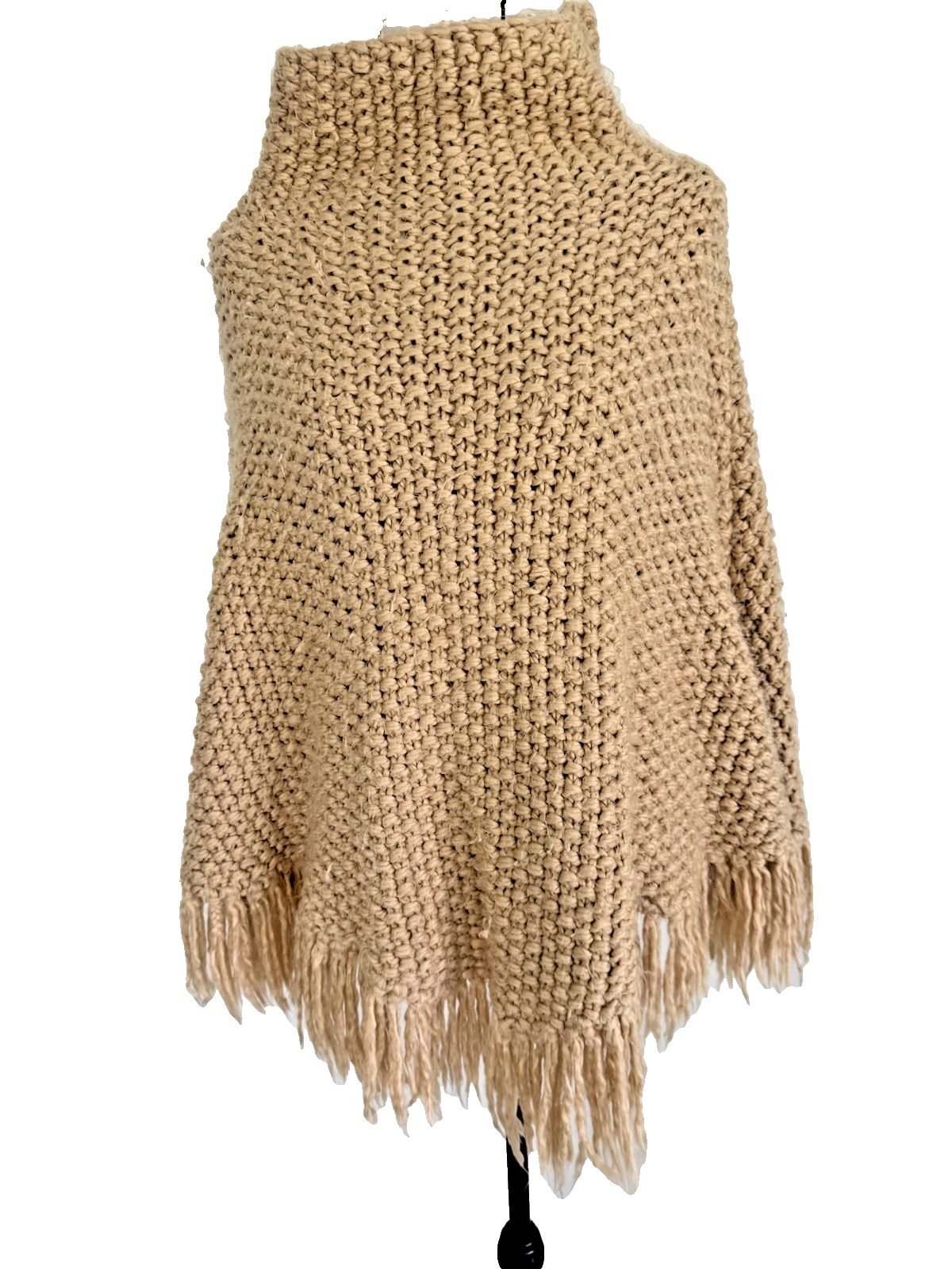 Rue21 Crochet Knitted Beige Poncho With High Neck And Fringe One Size Fits All