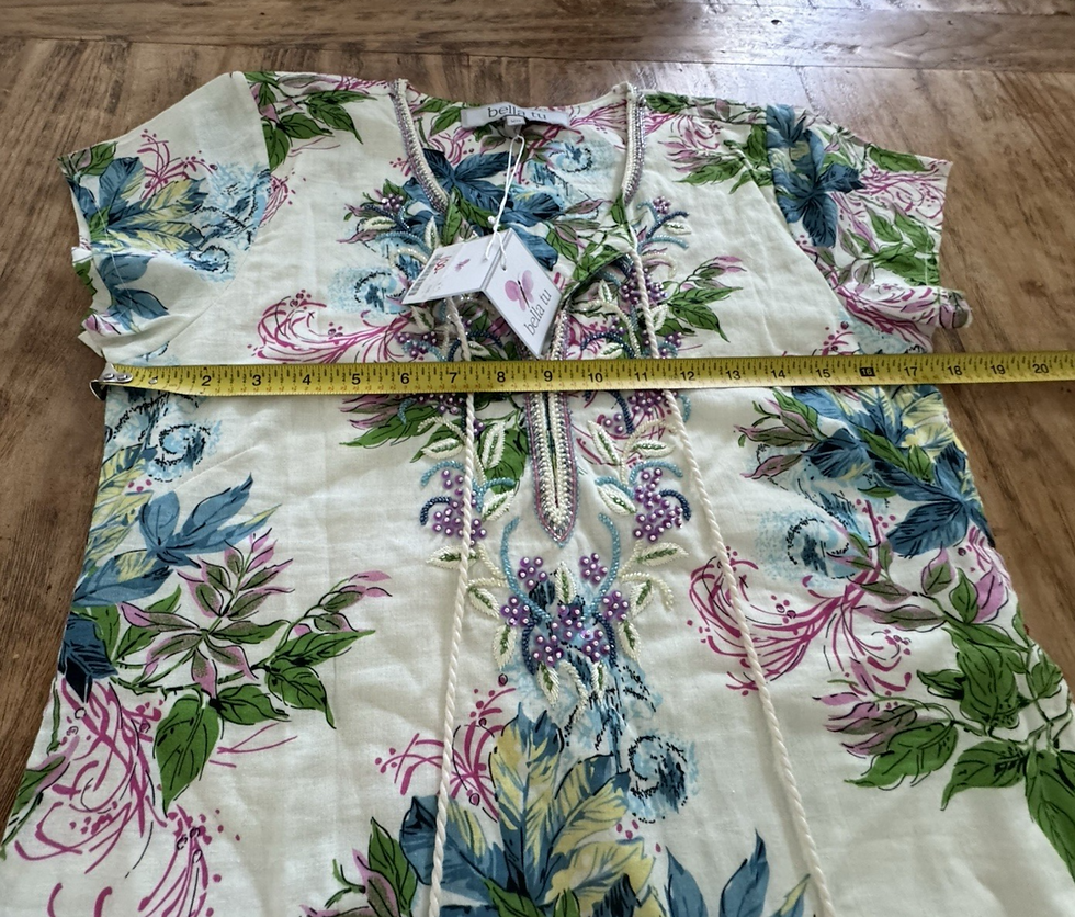 Thumbnail: NWT Bella Tu Ivory & Floral Cotton Dress w/ Bead Embellishment Tunic Sz XS Boho