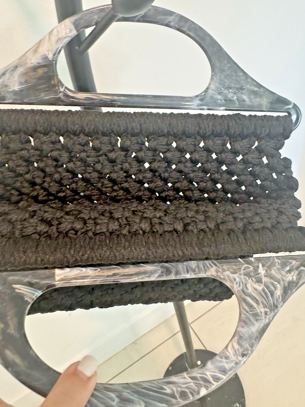 Thumbnail: Handmade Black Crochet Handbag with Marbled Acrylic Handles – 12”x11” – Vintage