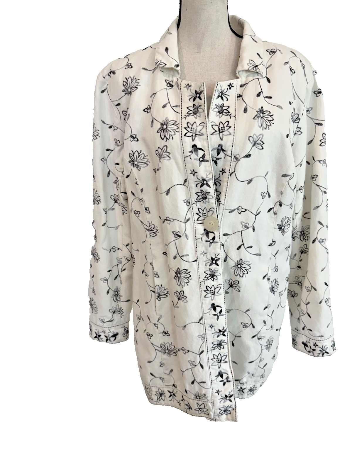 Susan Graver Style Linen Blend Floral Embroidered White Jacket Blazer Sz L