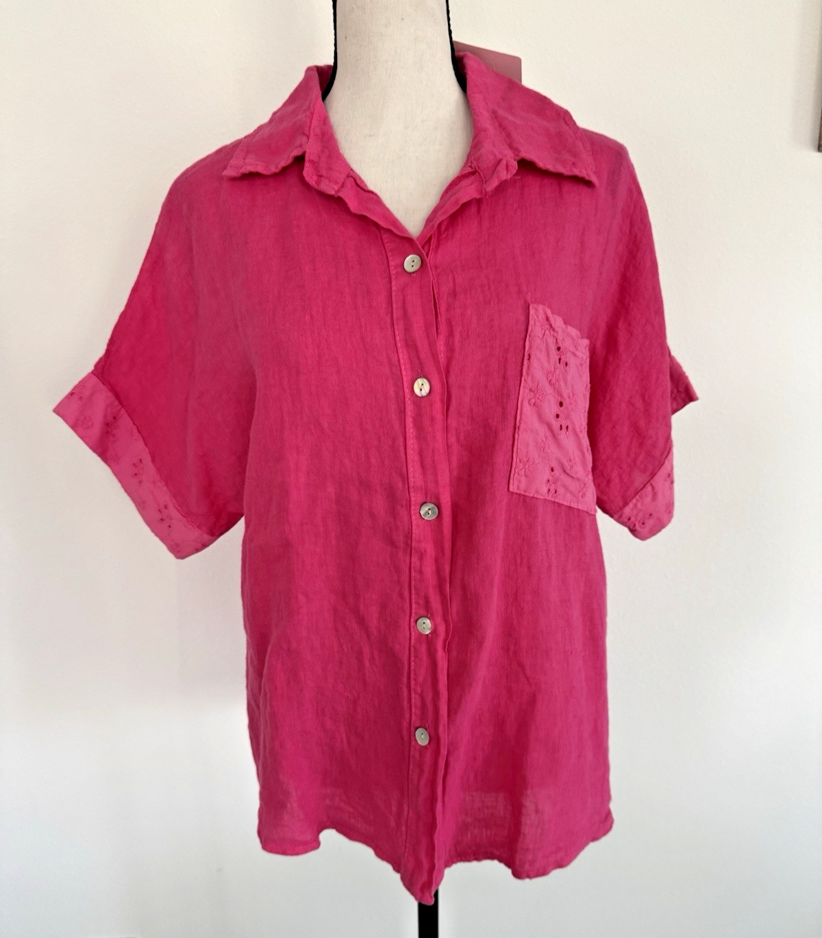 NWT Puro Lino Women's M 100% Linen Button Up Short & Sleeves Pocket Italy