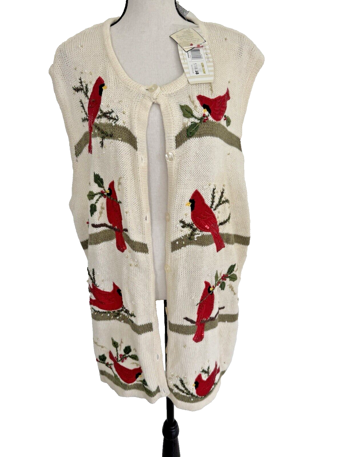 White Stag Women Plus Vest Red Cardinals Birds (22W 24W) 3D Beads Sequins