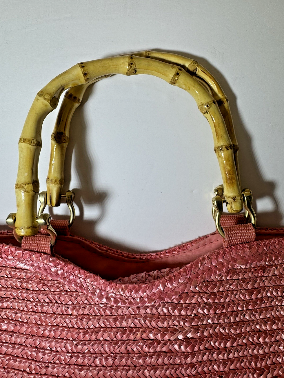 Thumbnail: Vintage Y2K St. Johns Bay Raspberry Straw Woven Medium Handbag Bamboo Handle