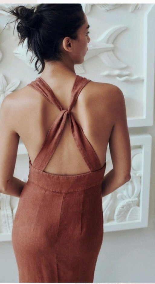 Thumbnail: NWT Zara 100% Linen V-Neckline Cross Back Straps Midi Dress Terracota Sz S