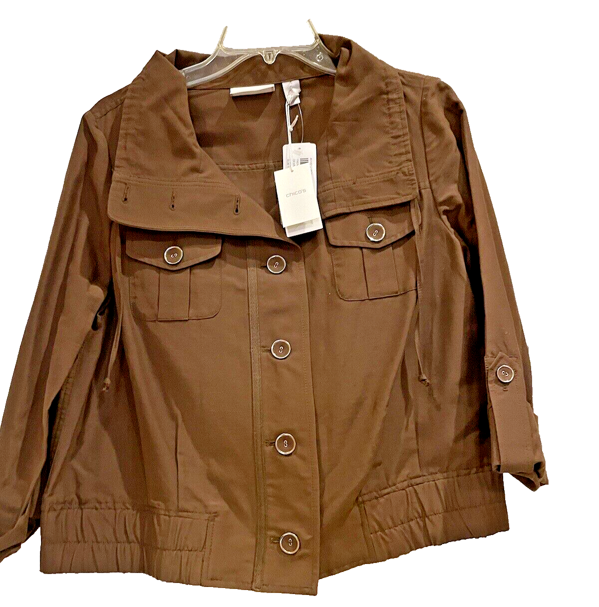 NEW Chico's Size 1 Brown Button Front Jacket 3/4 Sleeves, Elastic at the bottom
