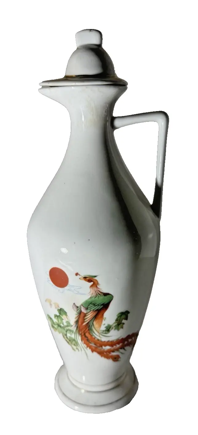 VTG Chinese Wine Sake Porcelain Cruet Bottle w Lid Peacock Hong Mei Dairen China