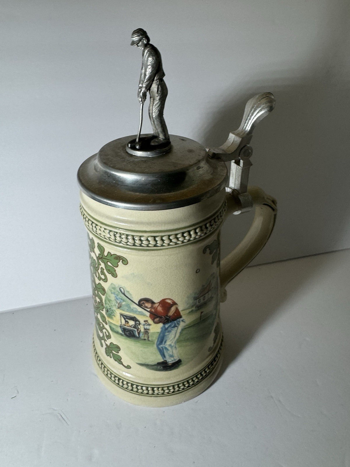 VTG Golfer Beer Stein W/ Domex Pewter Lid & Golfer On Top 9” Made in Germany