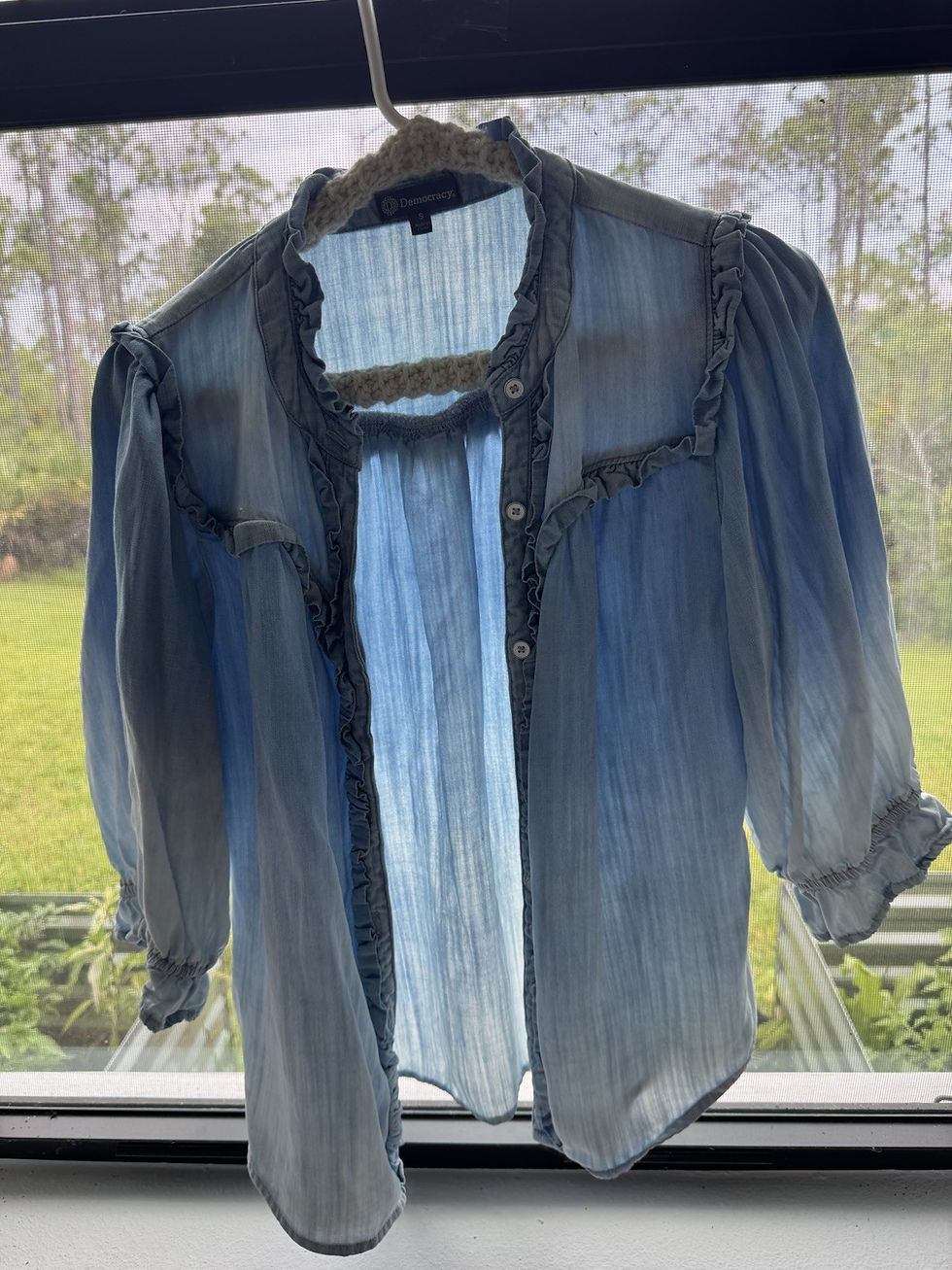 Thumbnail: Democracy Ruffled Lantern Sleeve Button-Down Top Light Powder Blue Sz S