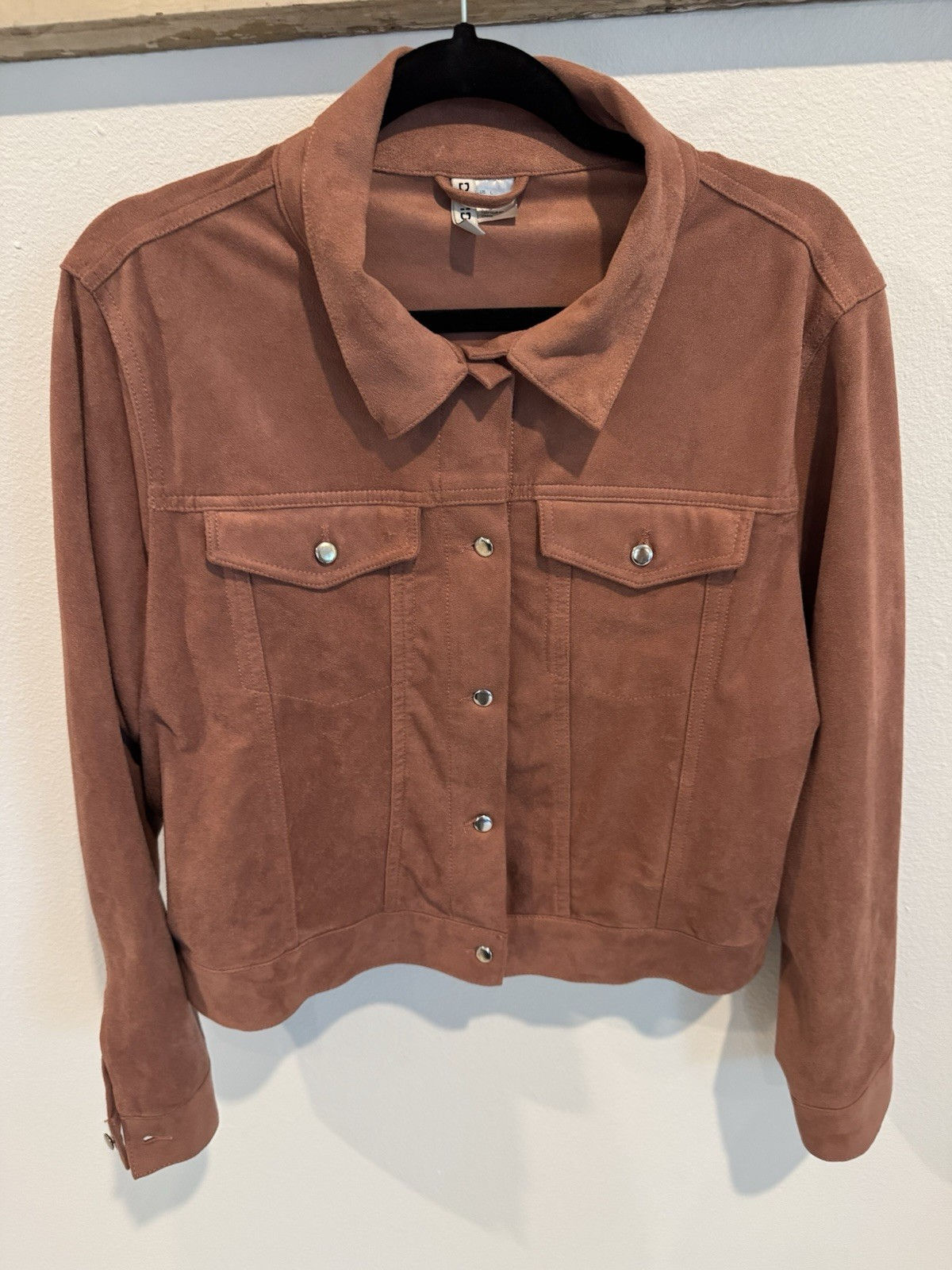H&M Divided Faux Suede Jacket Women’s L Rust Brown Cropped Trucker Button Front