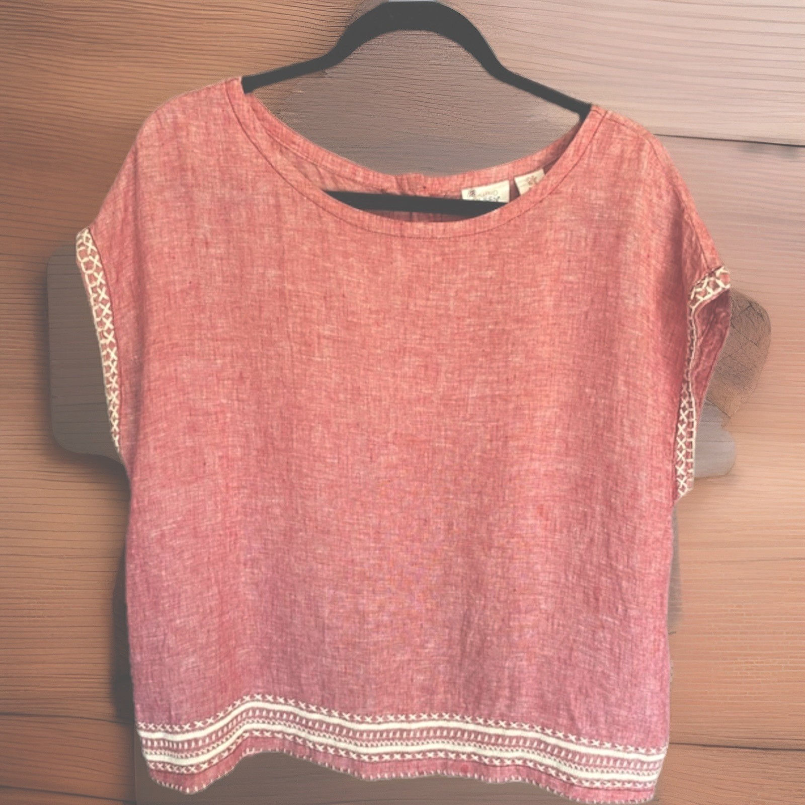 Sigrid Olsen Nantucket Red Cap Sleeve Embroidered Edge Linen Top M