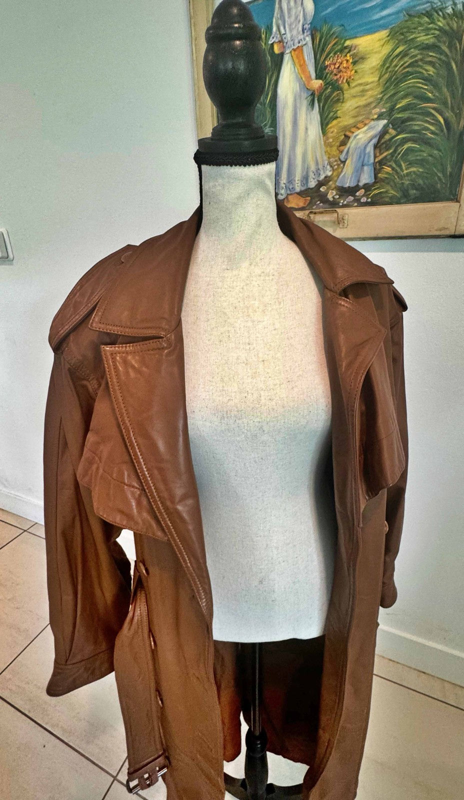 Thumbnail: VTG Together! 70’s Women's Leather Fit and Flare Brown Long Trench Coat Sz L