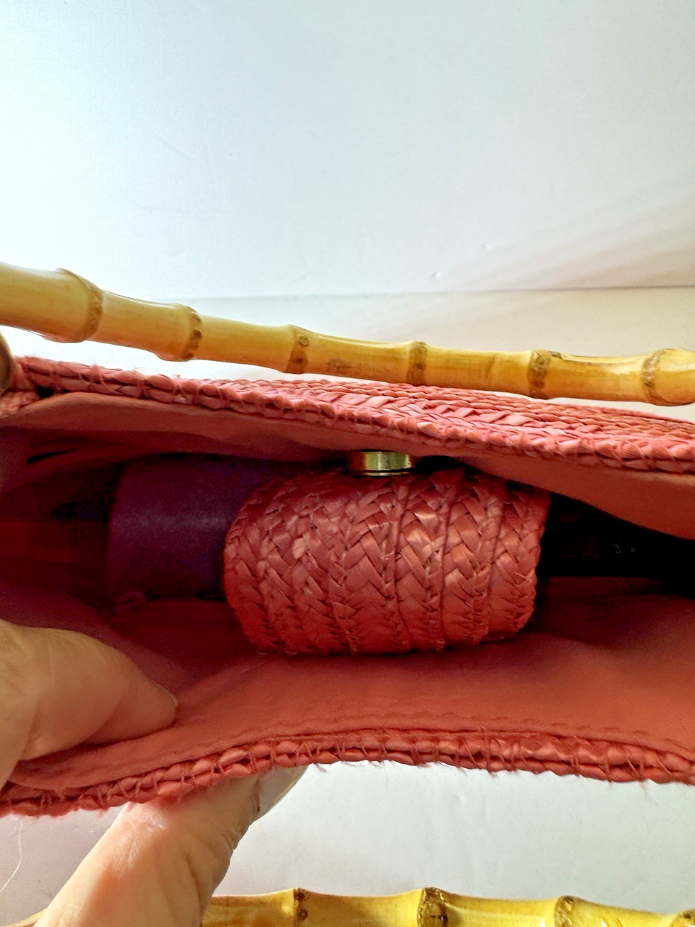 Thumbnail: Vintage Y2K St. Johns Bay Raspberry Straw Woven Medium Handbag Bamboo Handle