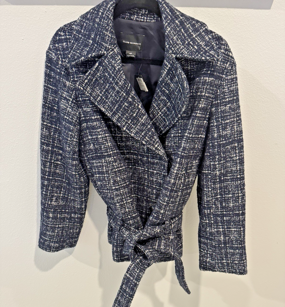 NWT Club Monaco Women's Navy Textured Wrap Tweed Coat Sz S Retail $379