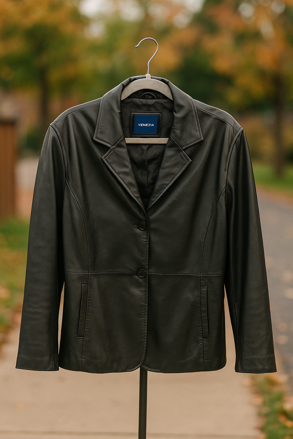 Venezia Jeans Genuine Leather Jacket Blazer Women Sz L Black 3 Button Lined