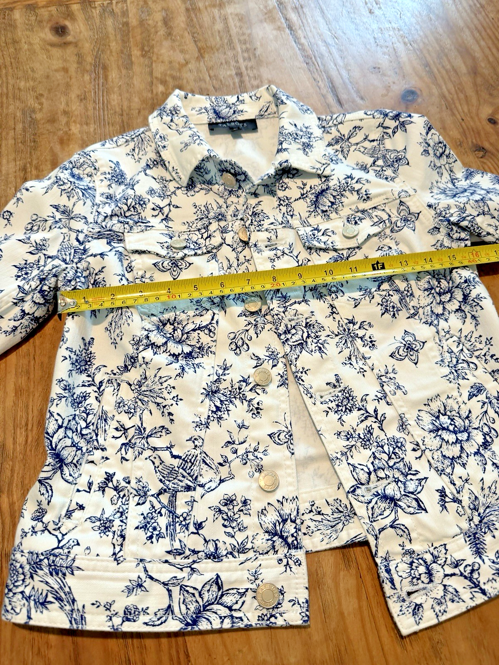 Thumbnail: TALBOTS White with Pretty Bird Toile Print (Blue) Classic Denim Jacket Sz XS