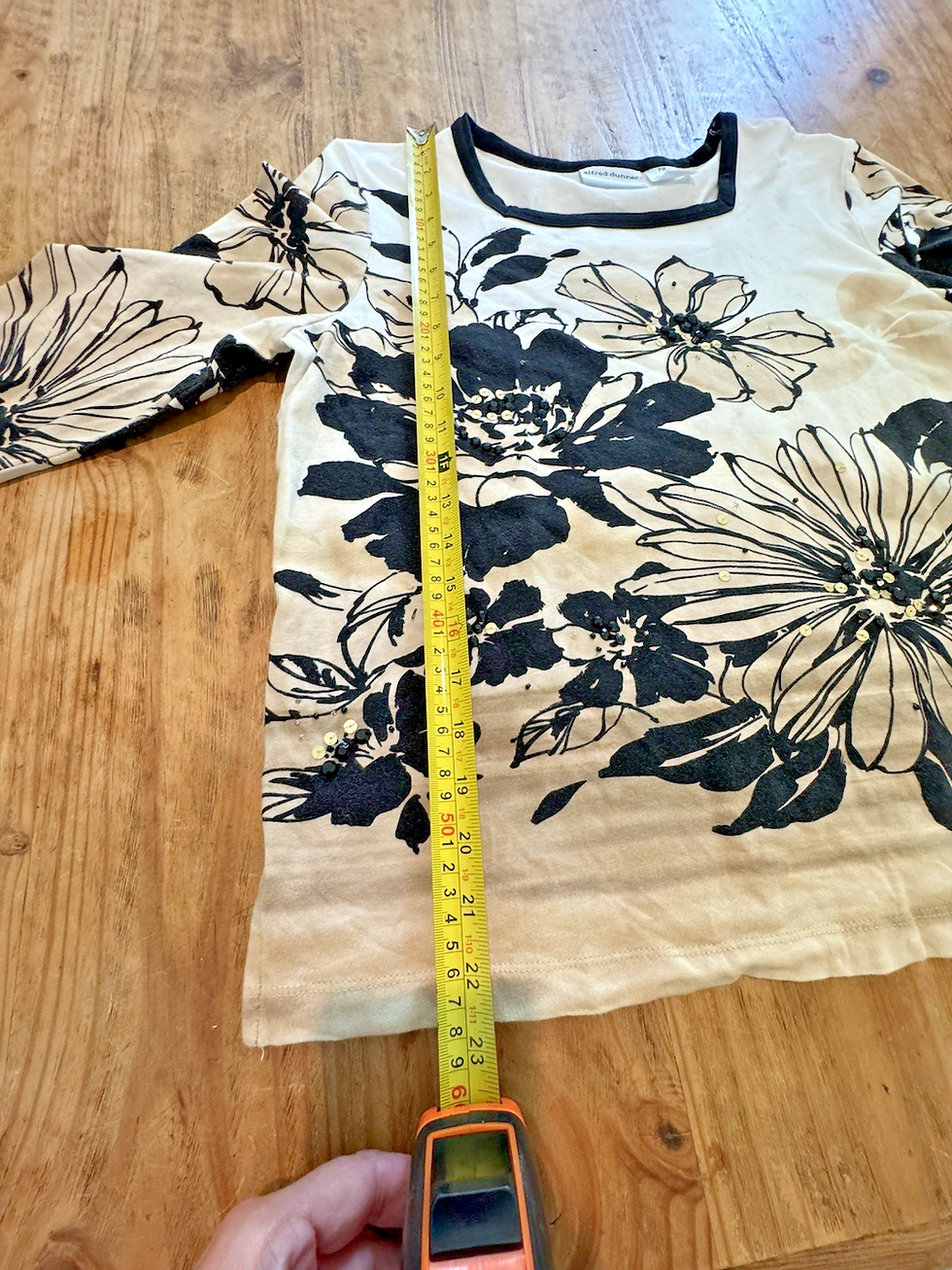 Thumbnail: Petite ALFRED DUNNER 3/4Sl White/Black/Tan Floral Scoop Neck Cotton Blend Top PM