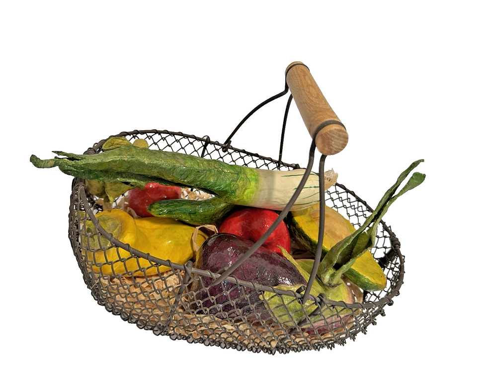 Thumbnail: Vintage Handcrafted Wire Metal Basket Wood Handle W/ Paper Mache Fruit & Veggies