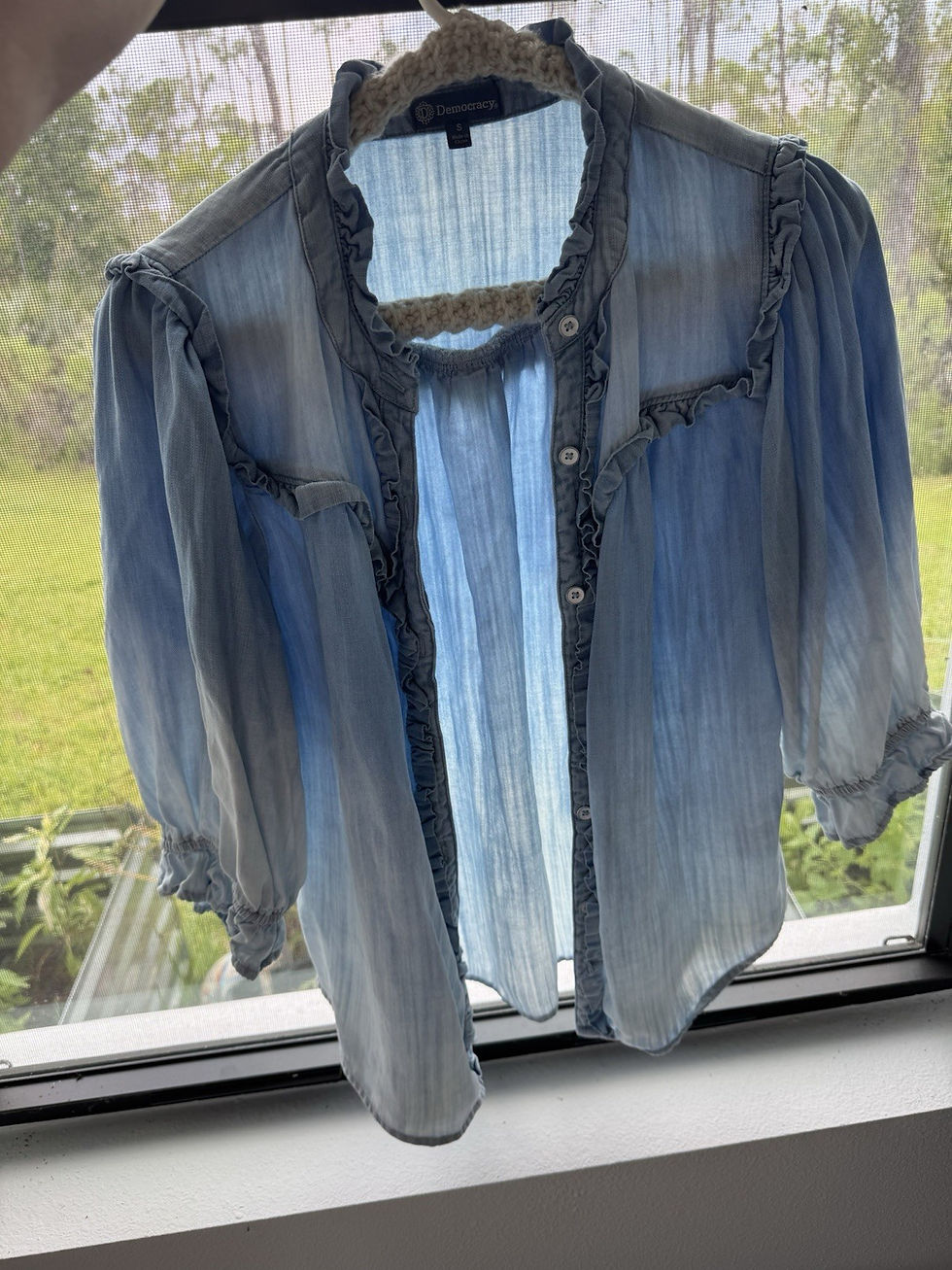 Thumbnail: Democracy Ruffled Lantern Sleeve Button-Down Top Light Powder Blue Sz S