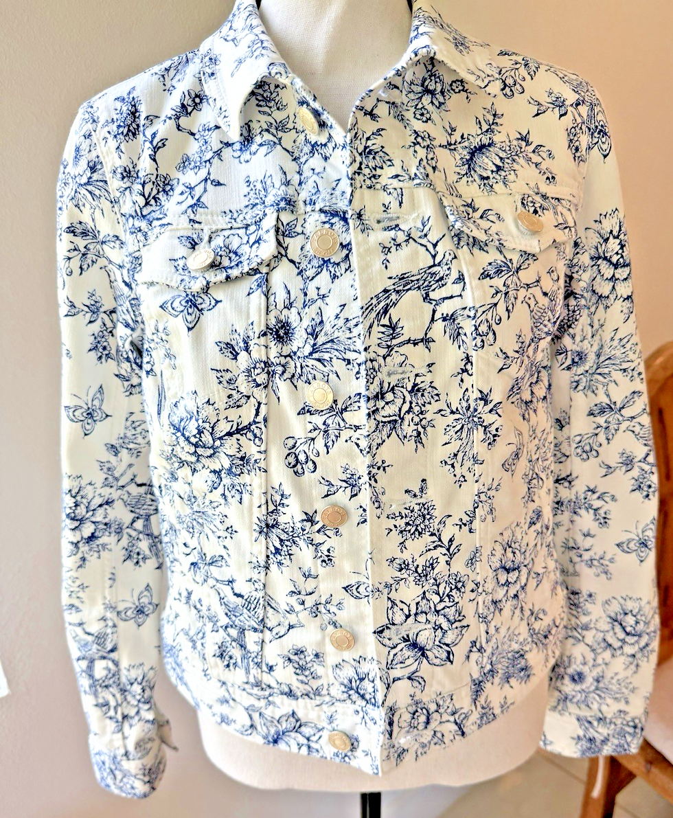 Thumbnail: TALBOTS White with Pretty Bird Toile Print (Blue) Classic Denim Jacket Sz XS