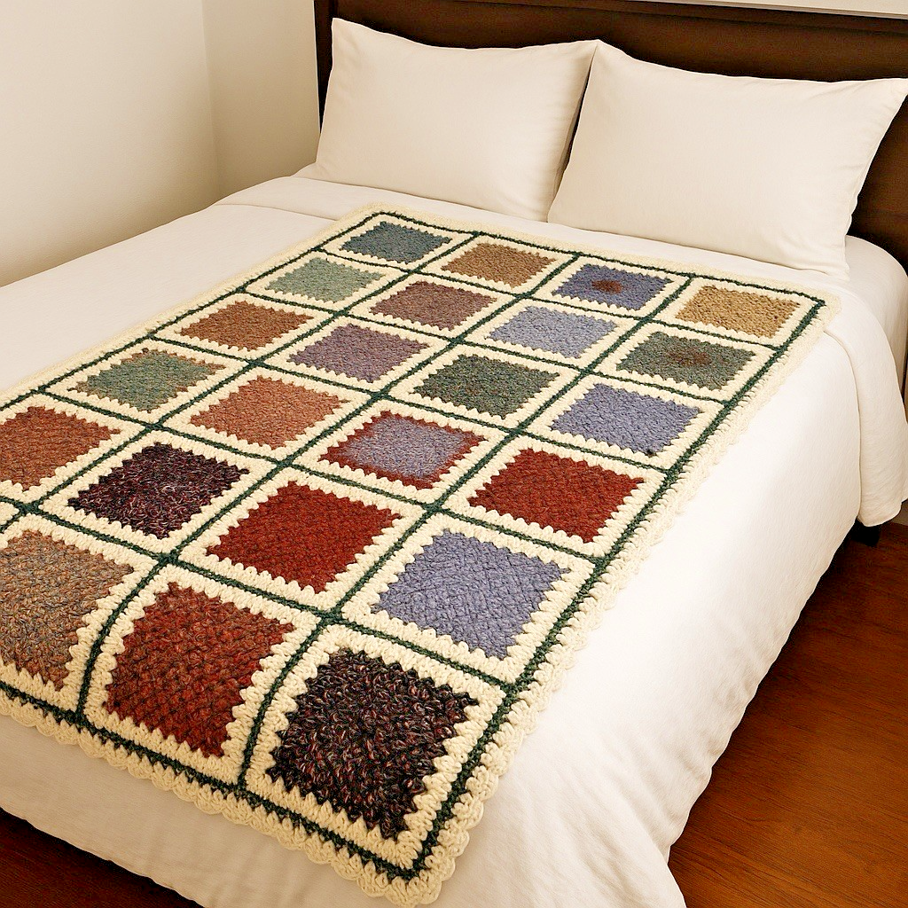 VTG Wool Granny Square Throw Blanket Afghan Couch Handmade Crochet  58x37 in