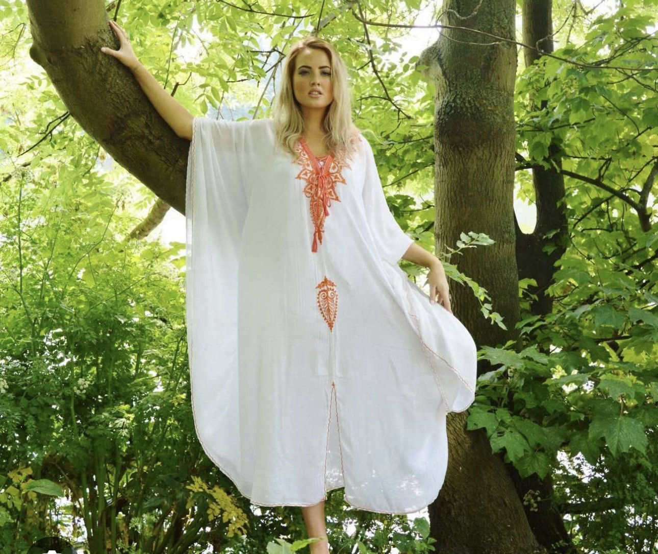 Beach White Neon Orange Embroidery Resort Caftan cover up ONE Size