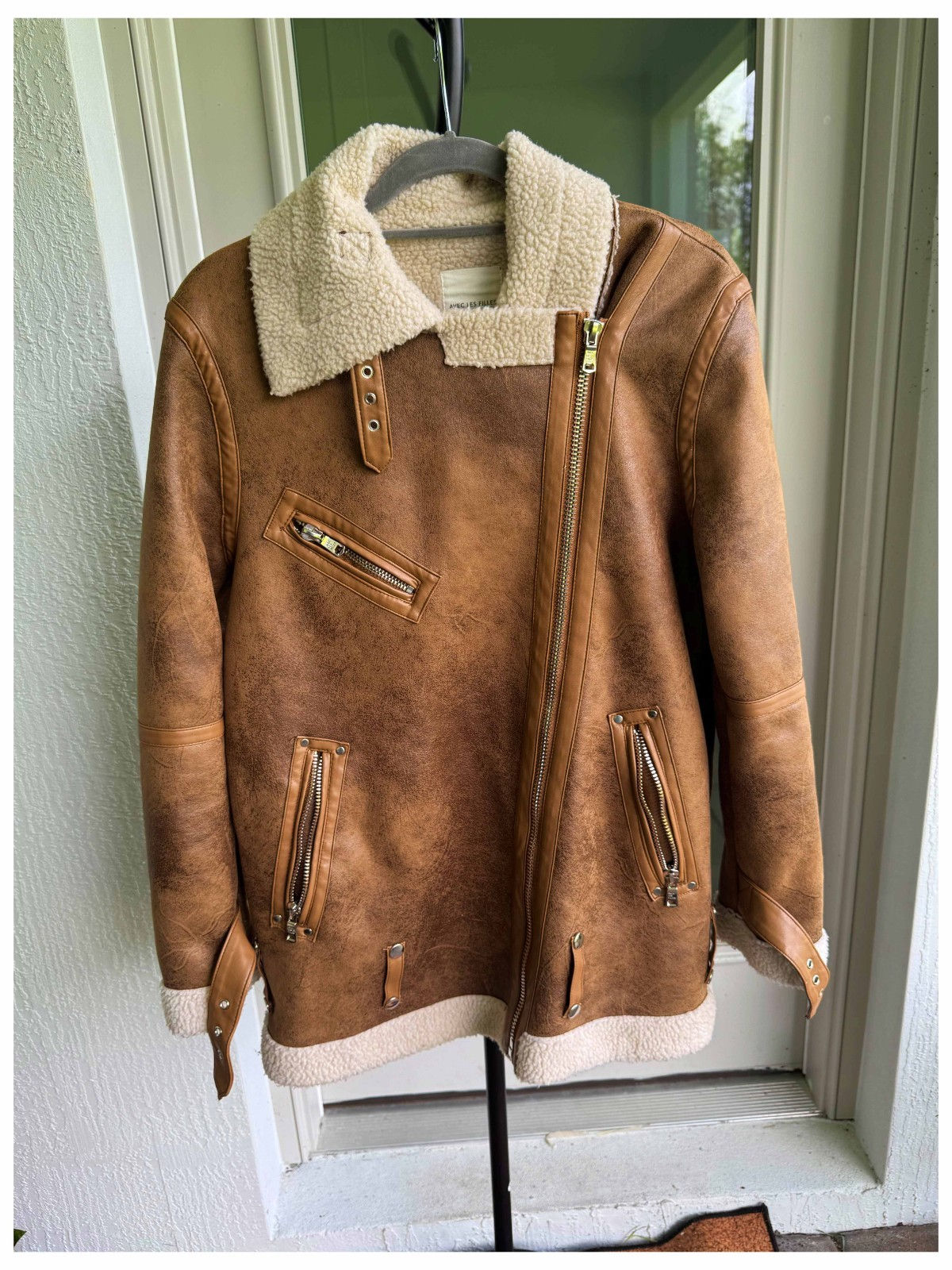 Avec Les Filles Oversized Faux Shearling Moto Jacket - Brown And Cream - Sz M