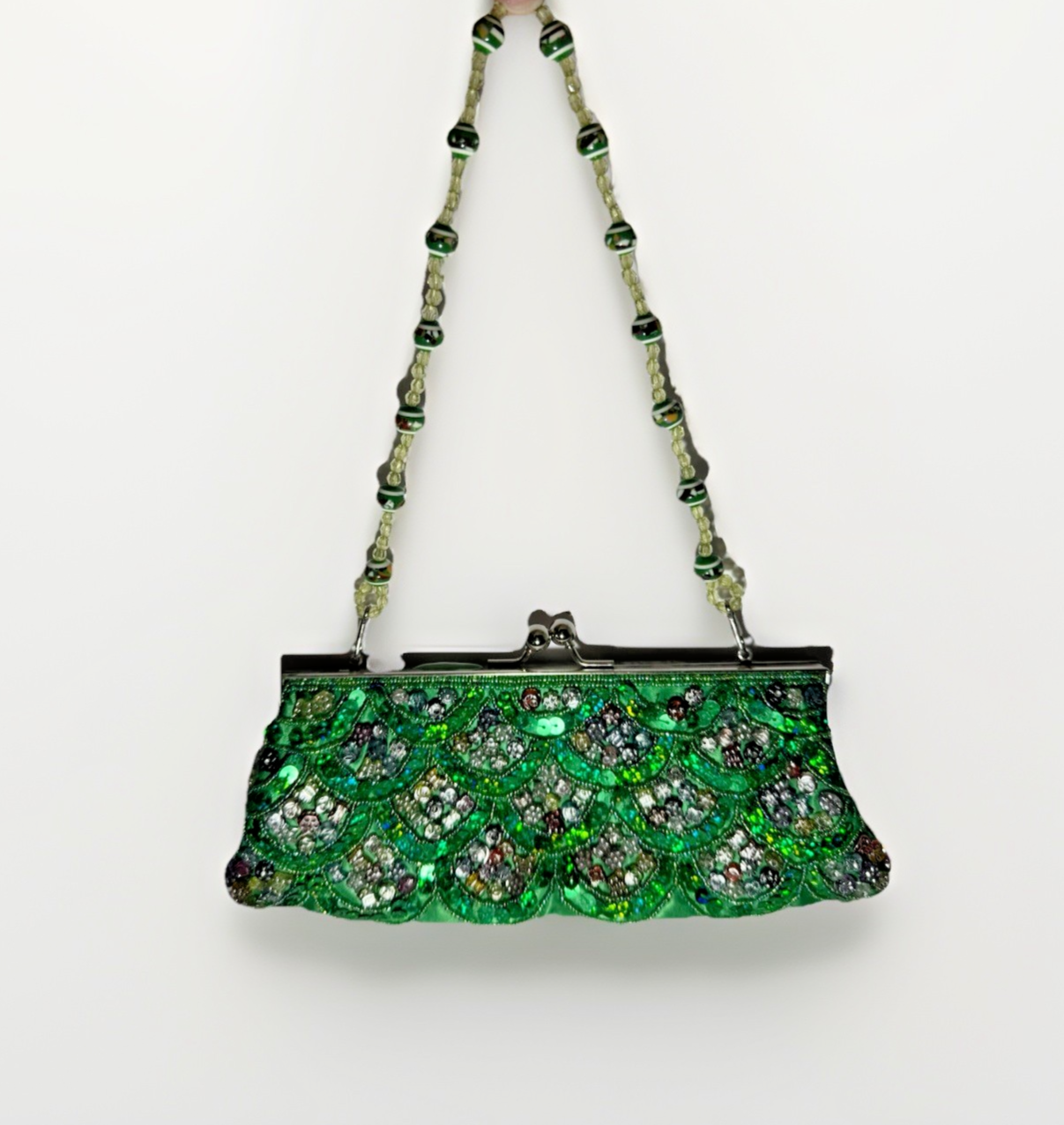 VTG Inspired Beaded Green Sparkly Crystal Clutch Purse  Kiss Lock Clasp