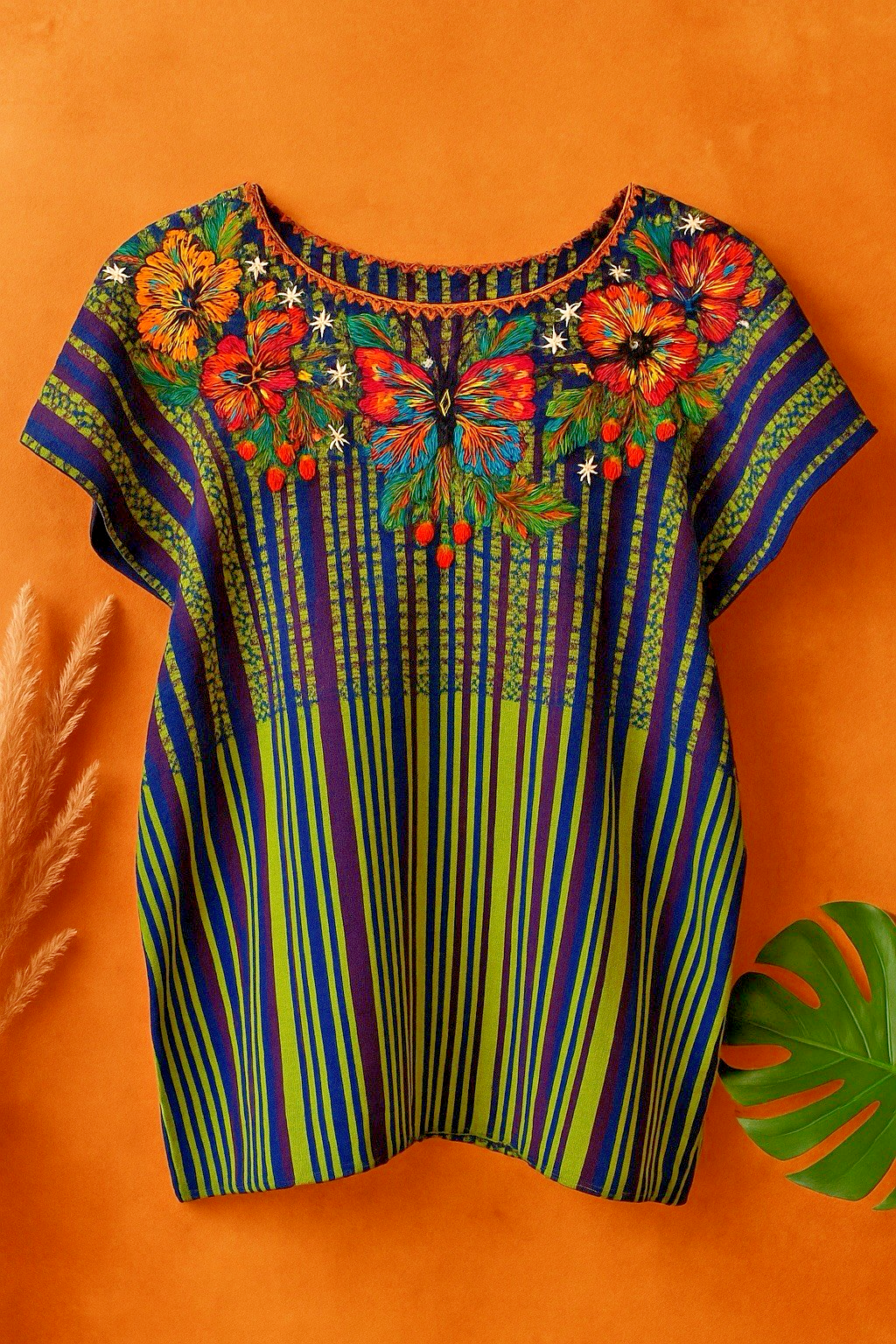 NWT Handmade Guatemalan Huipil 100% Organic Cotton Embroidered Floral &Butterfly