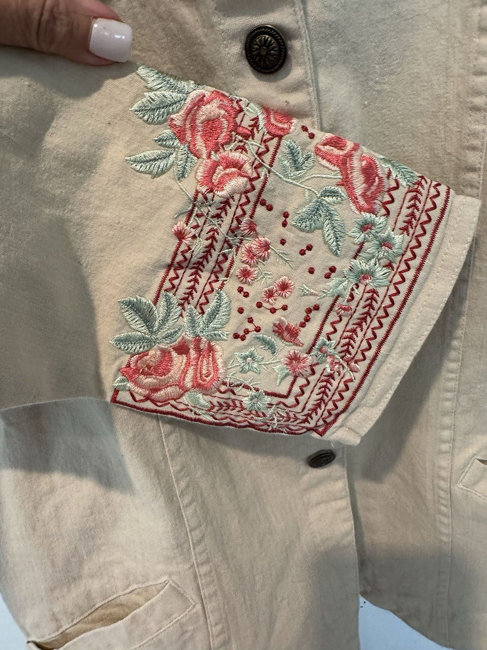 Thumbnail: VTG Denim & Co. Beige Cotton Jacket Floral Embroidered Cuffs  Cozy L Size S